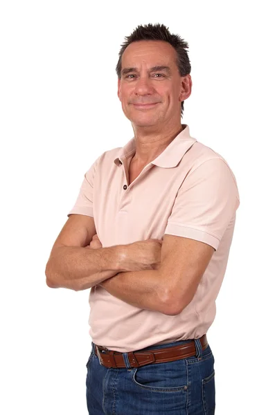 Smiling Man in Pink Polo Shirt and Blue Jeans — Stock Photo, Image
