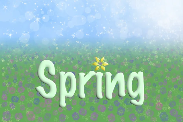 Wiosna niebieski niebo trawa zielona kwiaty tekst — Zdjęcie stockowe