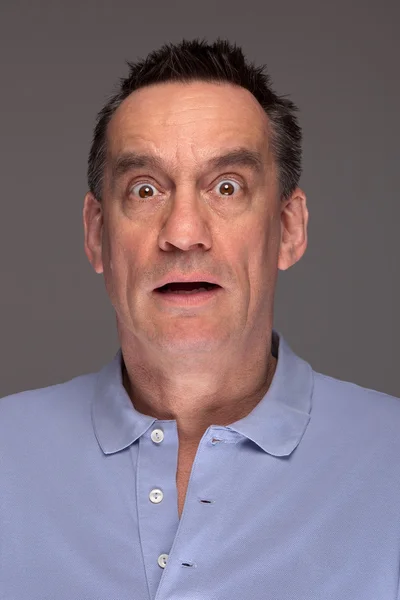 Portrait of Shocked Scared Man on Grey — Stock Photo, Image