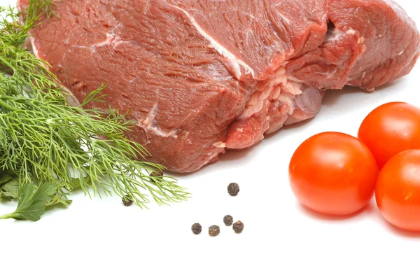 stock image Piece of beef and vegetables on white