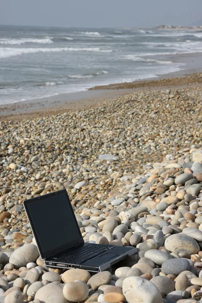 Laptop op het strand — Stockfoto