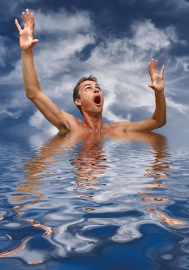 Young man scared in water clipart