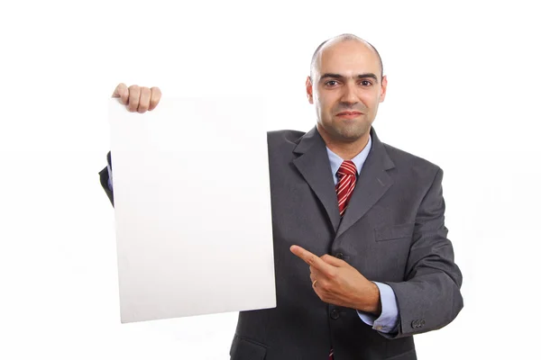 Бізнесмен з порожньою білою карткою — стокове фото