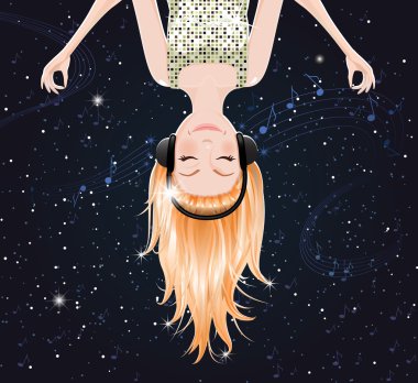 Vector girl upside down listening to music of space. clipart