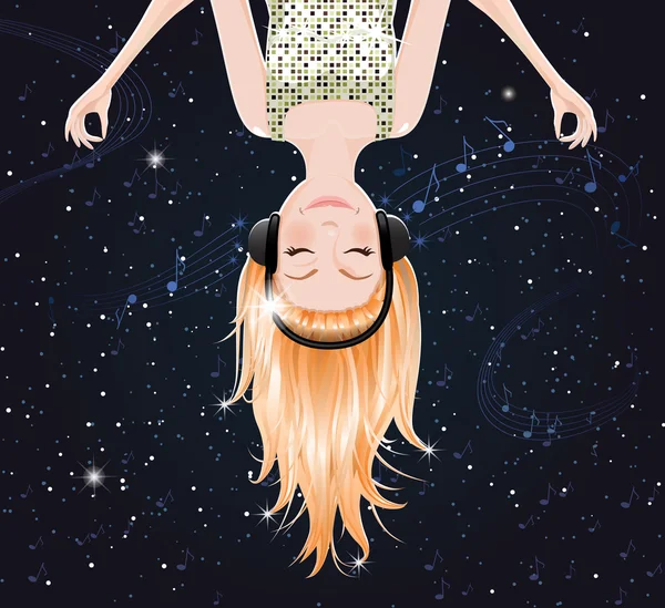 Vector girl upside down listening to music of space. — Stock Vector