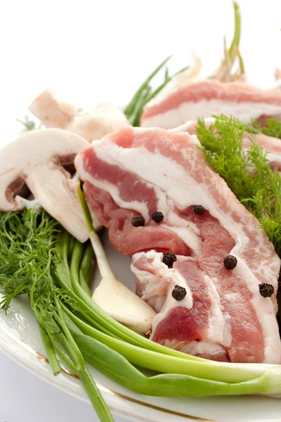Rått kött med svamp, kryddor och örter på en tallrik — Stockfoto
