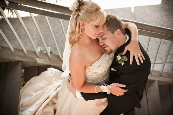 Brudgummen vilar huvudet mot bruden — Stockfoto