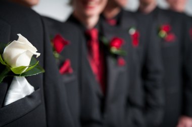 Grooms corsage in foreground, groomsmen behind clipart