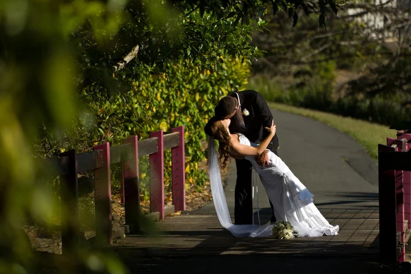 Groom holding wife and kissing on a bridge — Stock Photo, Image