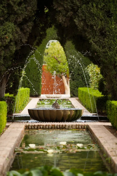 Uma fonte nos jardins de Generalife do palácio de Alhambra — Fotografia de Stock