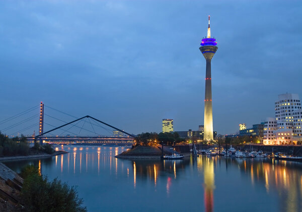 Night scene of the Media harbour in Düsseldorf, Germany
