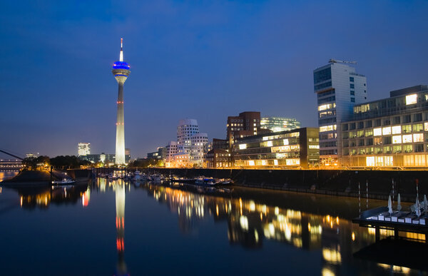 Night scene of the Media harbour in Düsseldorf, Germany