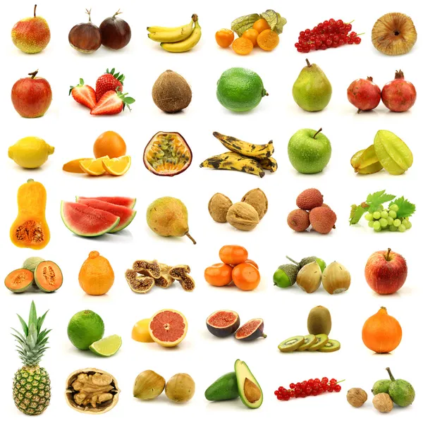 Friss és színes gyümölcsök és diófélék gyűjteménye — Stock Fotó