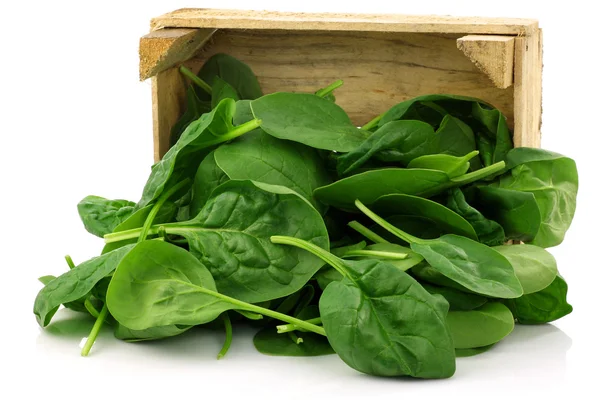 Wooden box with freshly harvested spinach leaves — Stock Photo, Image