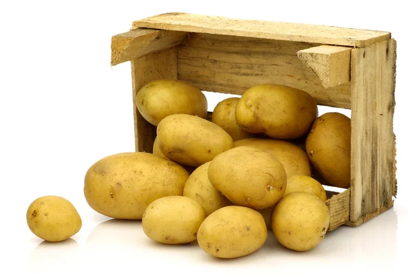 Freshly harvested potatoes coming from a wooden box — Stock Photo, Image