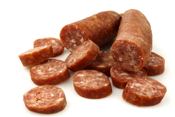 stock image A cut pair of traditional Dutch smoked and dried sausages