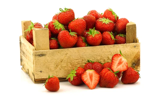 Fresh strawberries in a wooden box — Stock Photo, Image