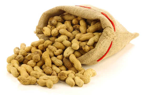 Cacahuetes en una bolsa de arpillera — Foto de Stock