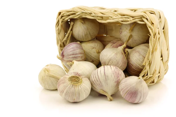 stock image Fresh garlic bulbs in a woven basket