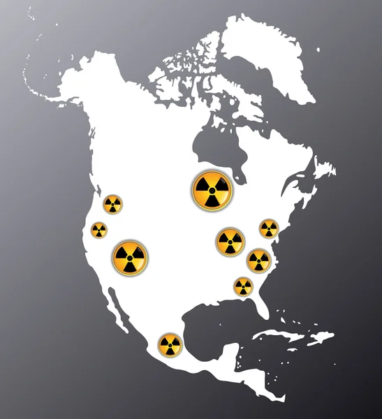 North America with the signs of radiation — Stock Vector