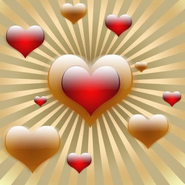 One big heart in the middle on golden sun rays with flying hearts clipart