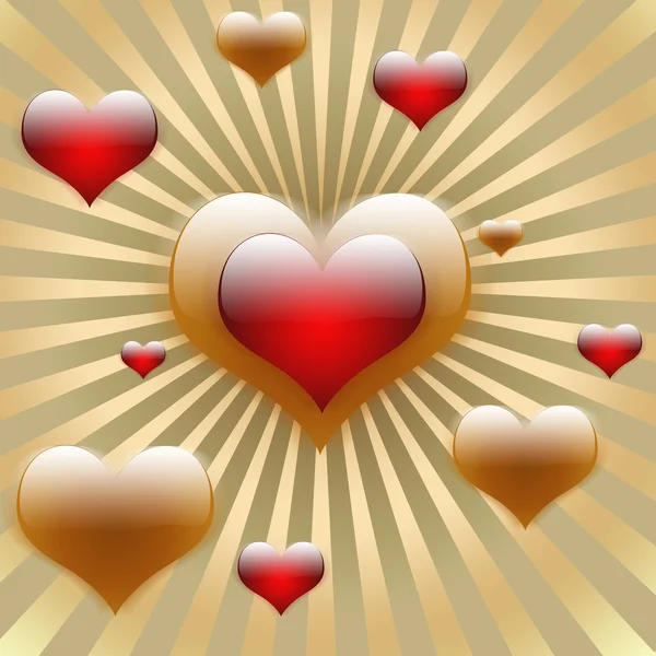 Ett stort hjärta i mitten på gyllene solstrålarna med flygande hjärtan — Stockfoto