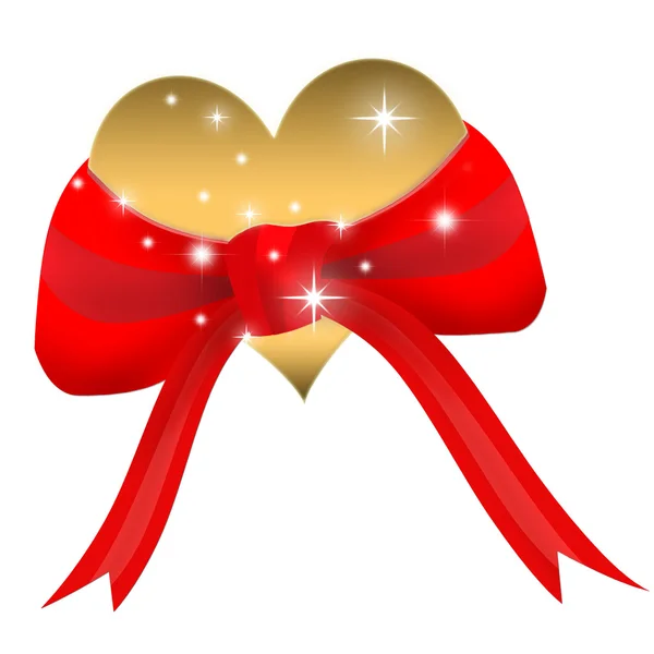 Valentinstag-Karte mit goldenem Herz in roter Schleife — Stockfoto