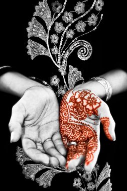 Henna, mehendi on a brides hand - Grayscale clipart