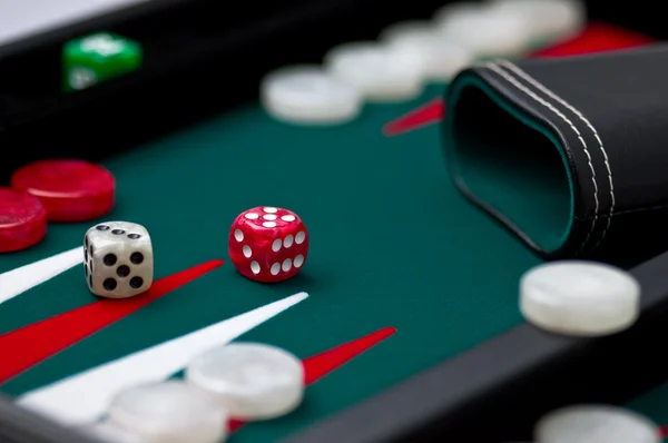 Backgammon geval, shaker en dobbelstenen — Stockfoto