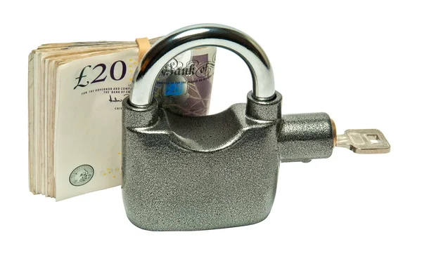Dinheiro e cadeado - conceito de segurança 05 - Fundo branco — Fotografia de Stock