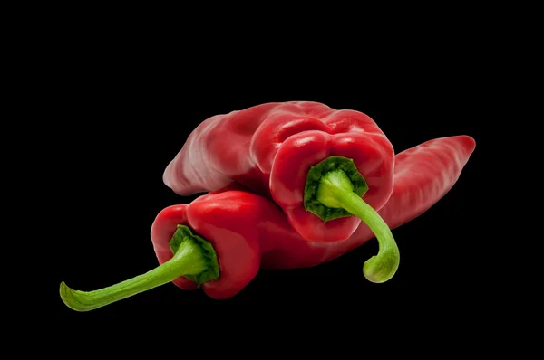 Červená sladká paprika dlouhé papriky - černé pozadí — Stock fotografie