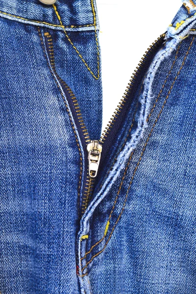 Detailní záběr na zip v modré džíny — Stock fotografie