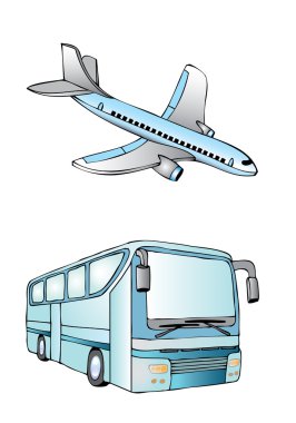 beyaz zemin üzerine otobüs ve uçak