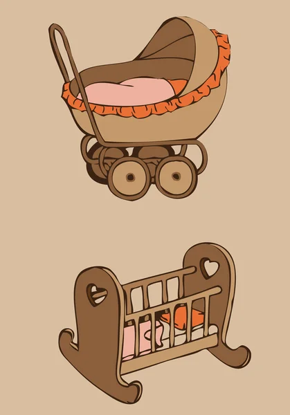 婴儿小推车和婴儿床米色背景上 — 图库矢量图片