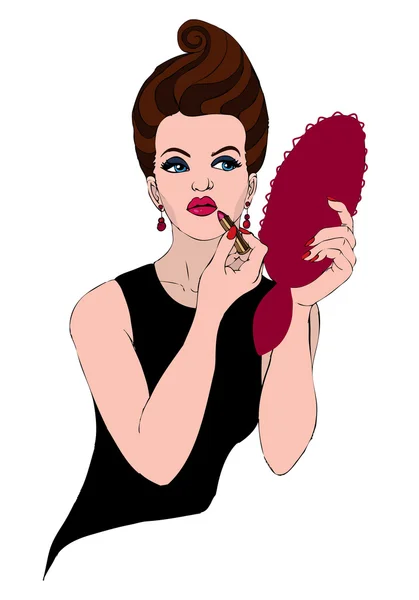 Mujer glamour con lápiz labial y espejo — Vector de stock
