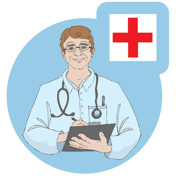 Médico sorridente em fundo azul com ícone de saúde —  Vetores de Stock