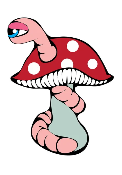 毒蘑菇和在白色背景上的粉红色虫 — 图库矢量图片