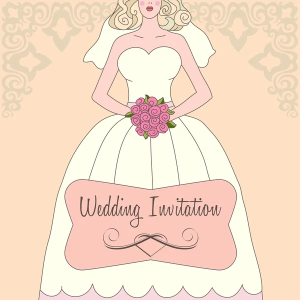 Bröllopsinbjudan med vit klänning och blommor — Stock vektor