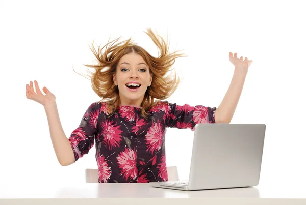 Happy young beautiful woman with laptop — Stock Photo, Image