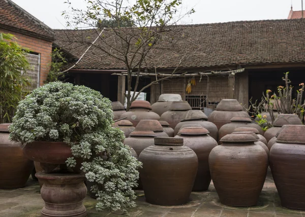 Farm courtyard with urns of fermenting soy sauce. — Stock Photo, Image