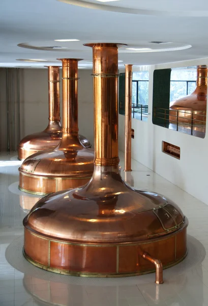 Linea di tre navi per la produzione di birra nel birrificio . Fotografia Stock