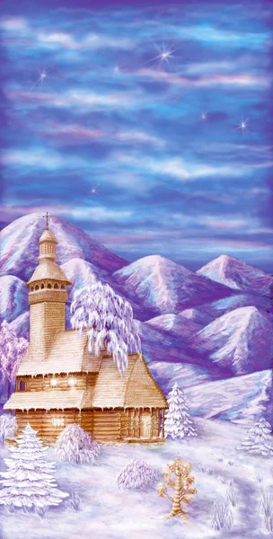 Дерев'яна церква в зимових горах — стокове фото
