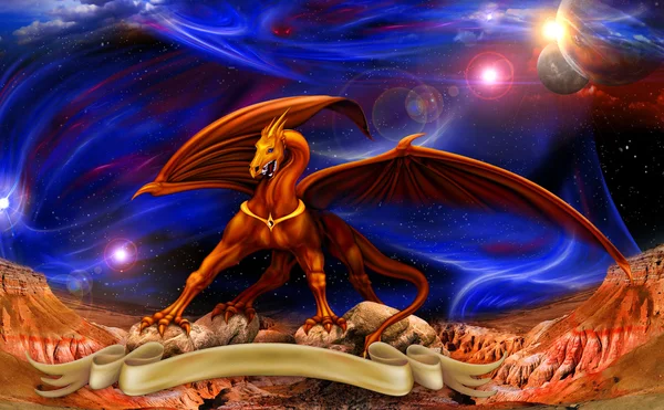 Dragón en el espacio sobre los pergaminos — Foto de Stock