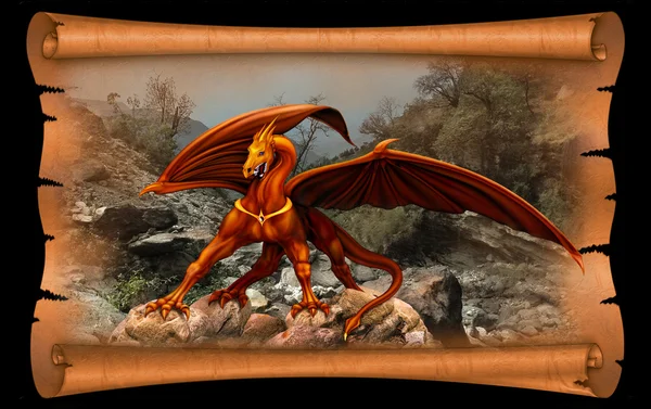 Dragon in the scroll of parchment — Stock Photo, Image