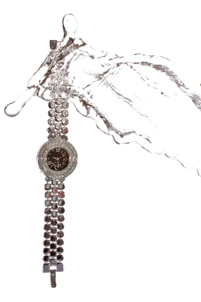 Klocka, armbandsur, smycken med vattenstänk — Stockfoto