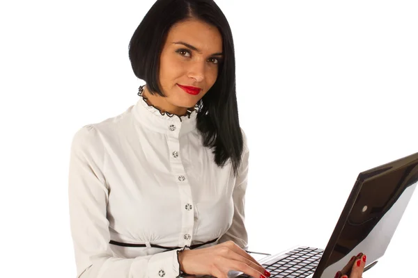 Ελκυστική για την οικονομία γυναίκα με φορητό υπολογιστή — Φωτογραφία Αρχείου