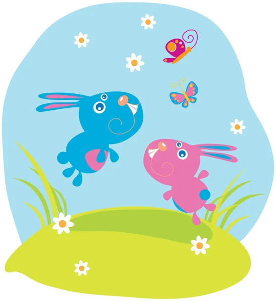 stock vector Two rabbits are catching butterflies