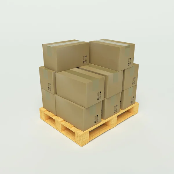 Cajas de cartón sobre paletas de madera — Foto de Stock