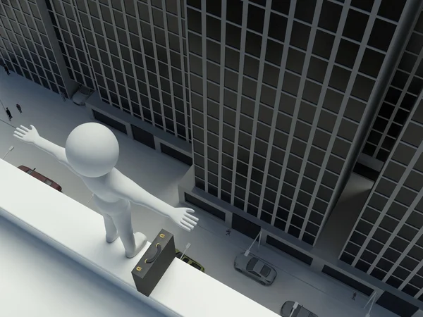 Biznesmen 3D 3d jest ustawiona na skok z dachu budynku — Zdjęcie stockowe