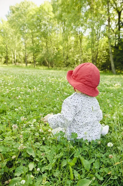 Baby girl sitting in meadow